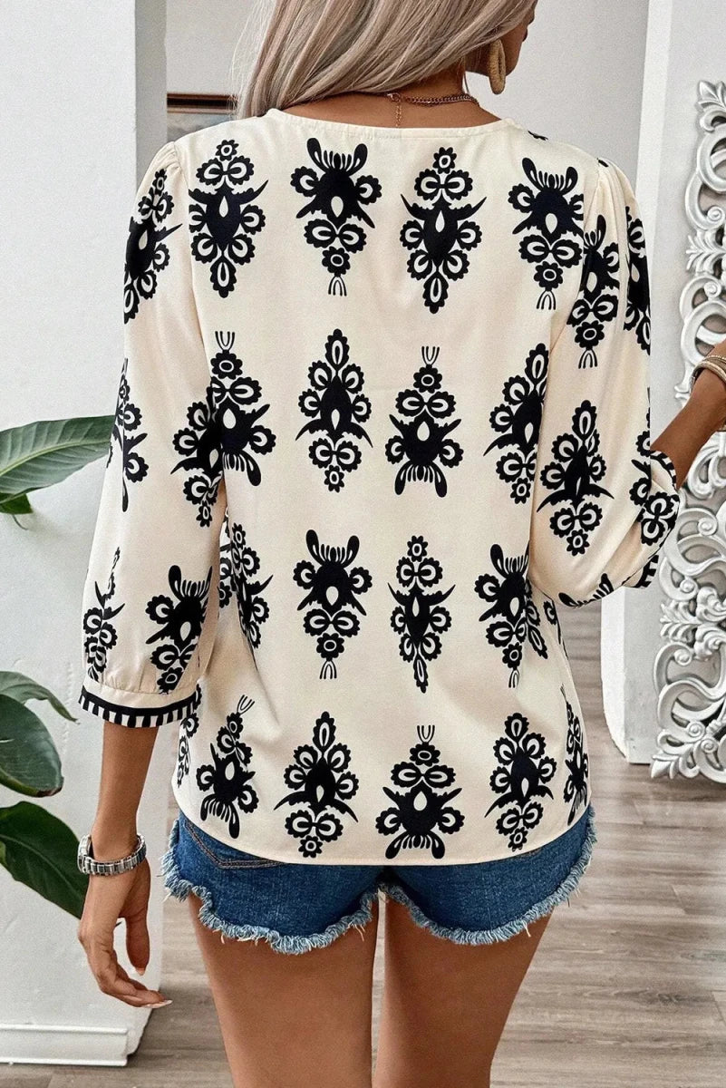 Printed V - Neck Three - Quarter Sleeve Blouse - Wow Store