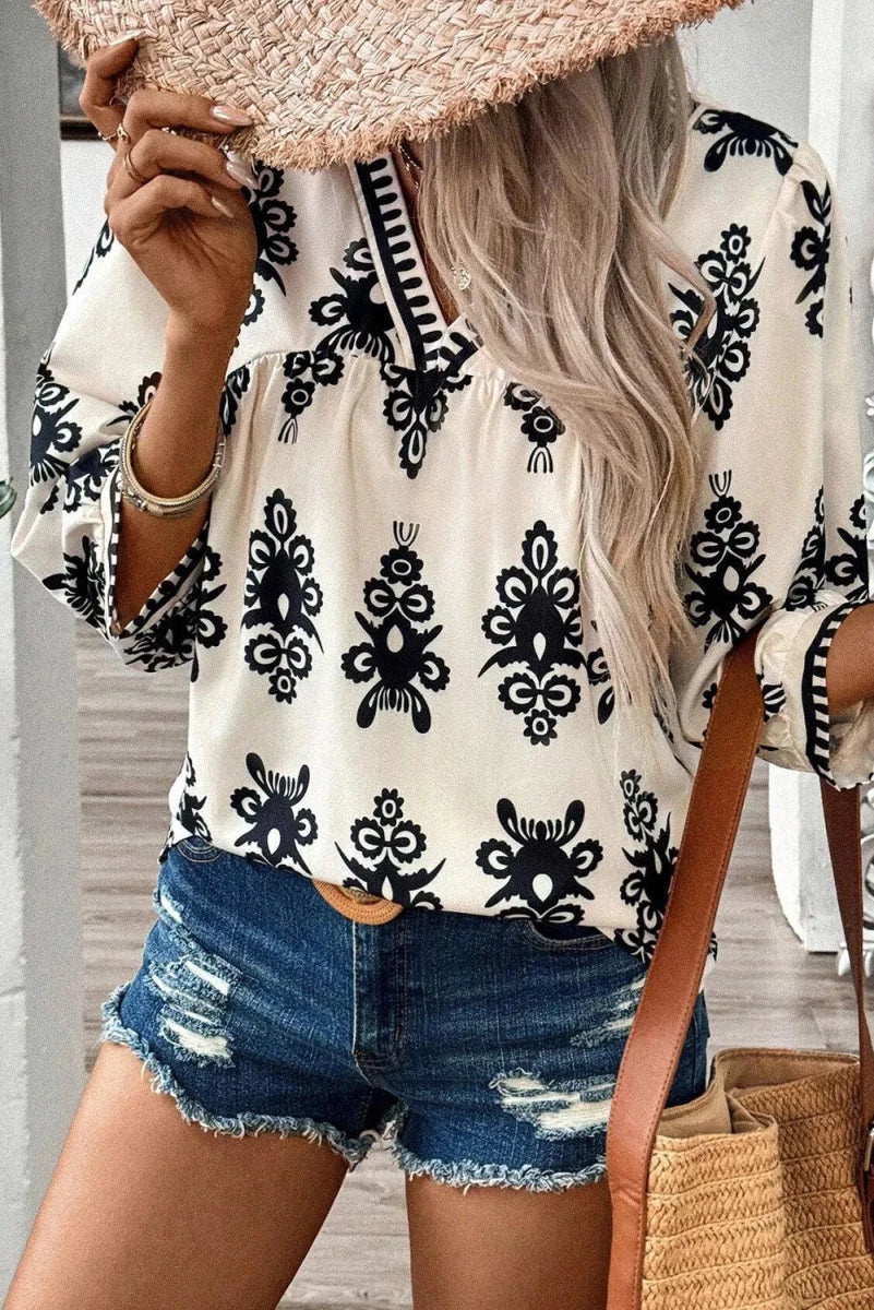 Printed V - Neck Three - Quarter Sleeve Blouse - Wow Store