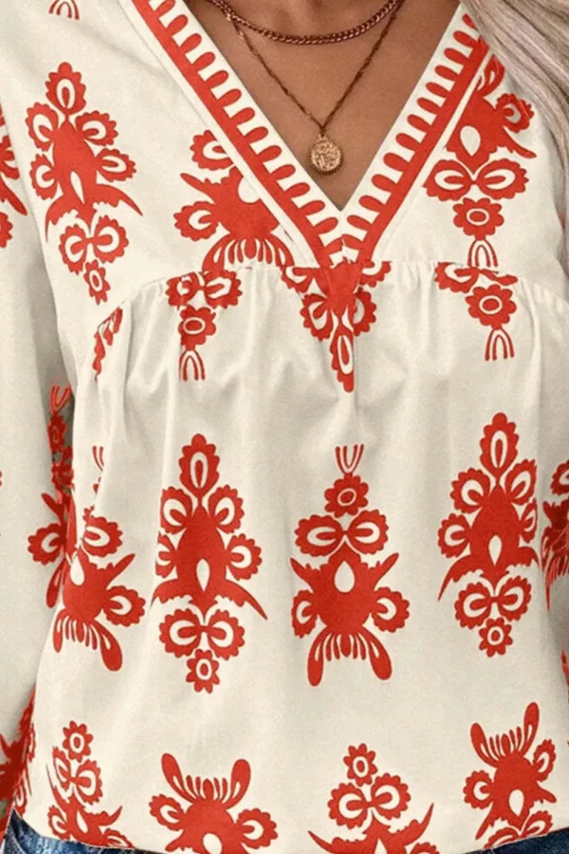 Printed V - Neck Three - Quarter Sleeve Blouse - Wow Store