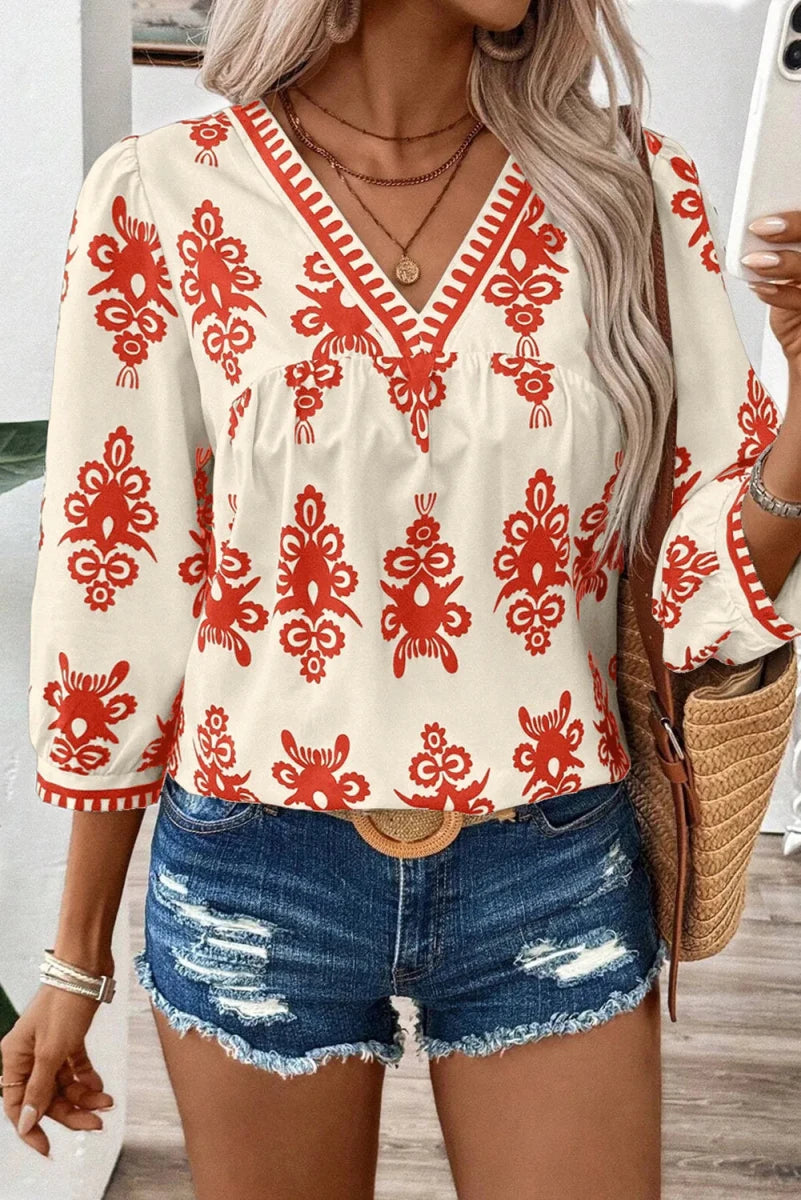 Printed V - Neck Three - Quarter Sleeve Blouse - Wow Store