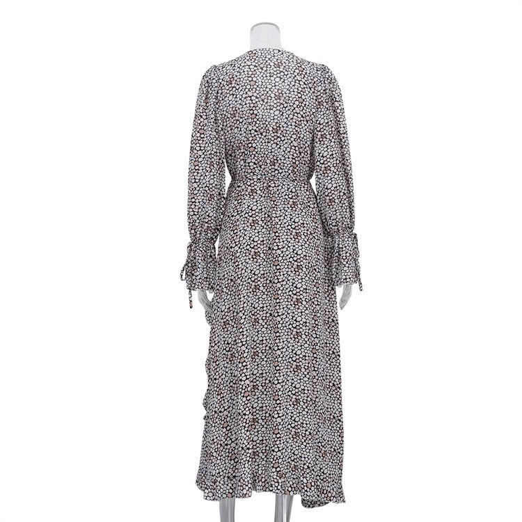 Back of the cream and brown spot print version on a mannequin, not the version we sell