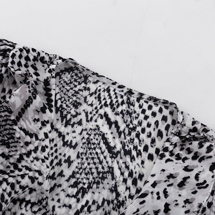 Close-up of the black, white and grey animal-style print of the fabric
