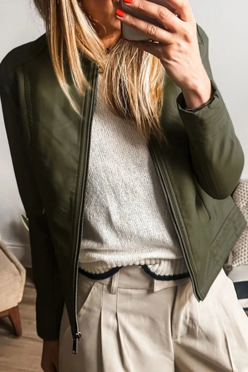 PU Leather Round Neck Long Sleeve Jacket - Wow Store