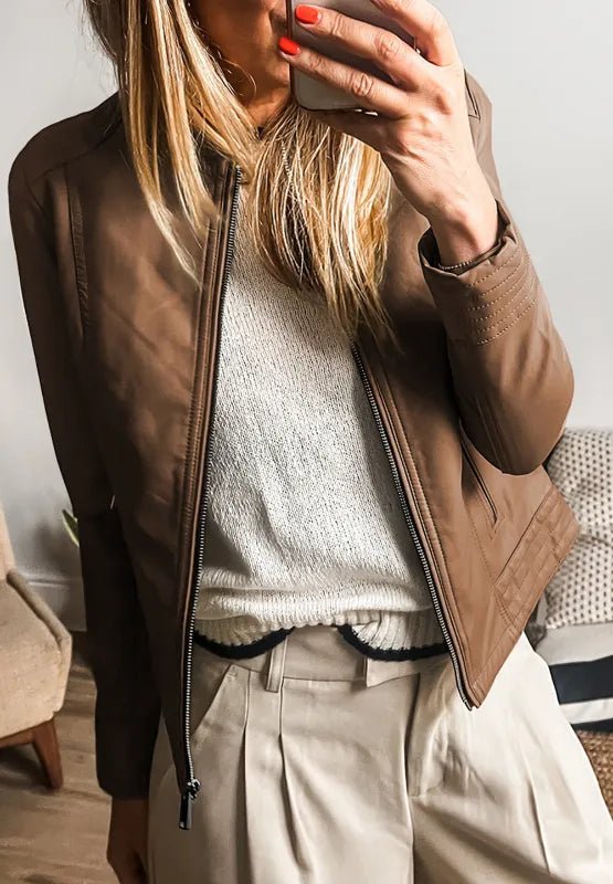 PU Leather Round Neck Long Sleeve Jacket - Wow Store