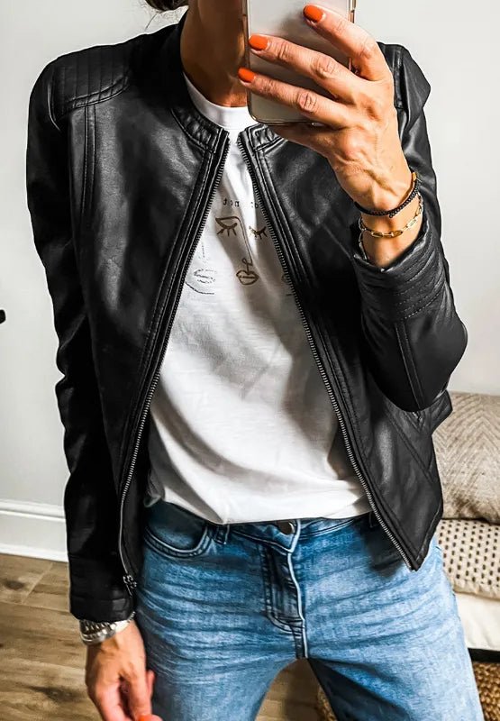 PU Leather Round Neck Long Sleeve Jacket - Wow Store