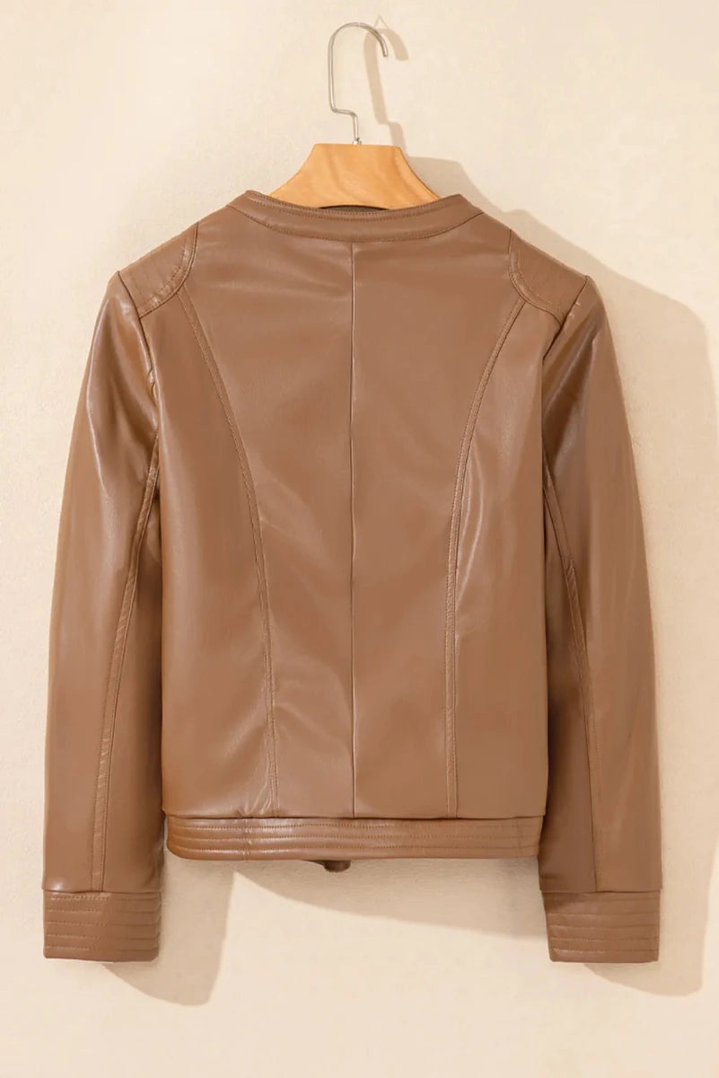 PU Leather Round Neck Long Sleeve Jacket - Wow Store