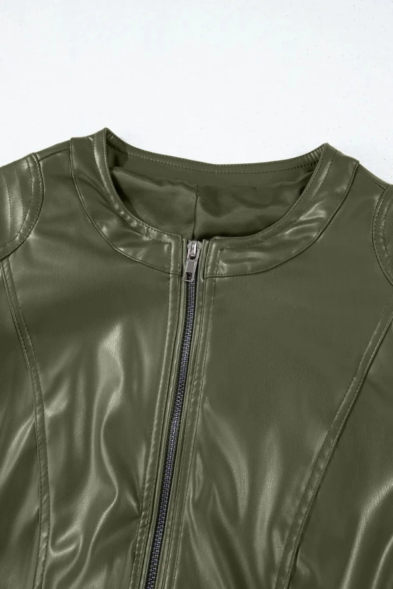 PU Leather Round Neck Long Sleeve Jacket - Wow Store
