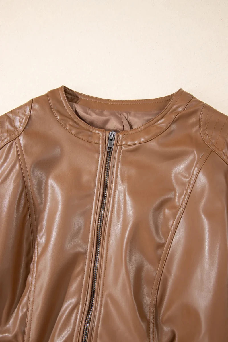 PU Leather Round Neck Long Sleeve Jacket - Wow Store
