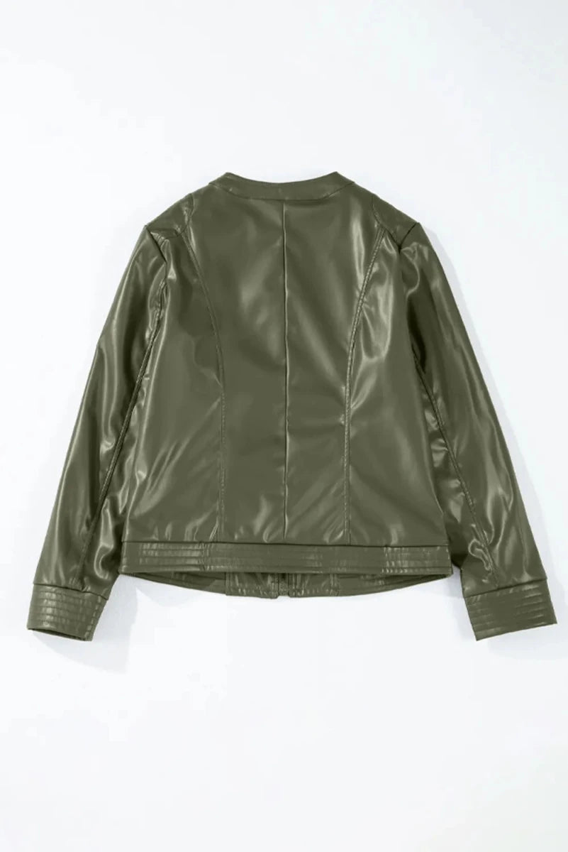 PU Leather Round Neck Long Sleeve Jacket - Wow Store
