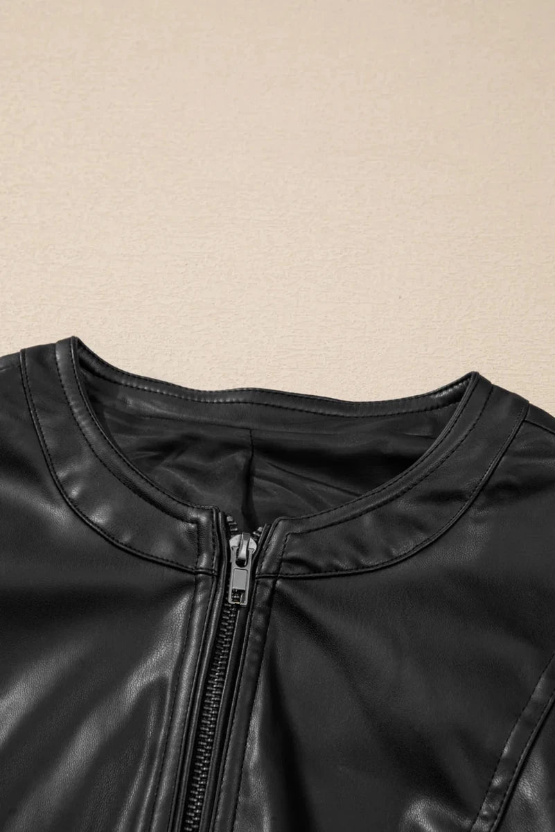 PU Leather Round Neck Long Sleeve Jacket - Wow Store