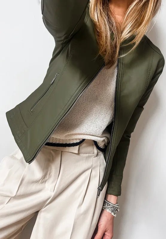 PU Leather Round Neck Long Sleeve Jacket - Wow Store