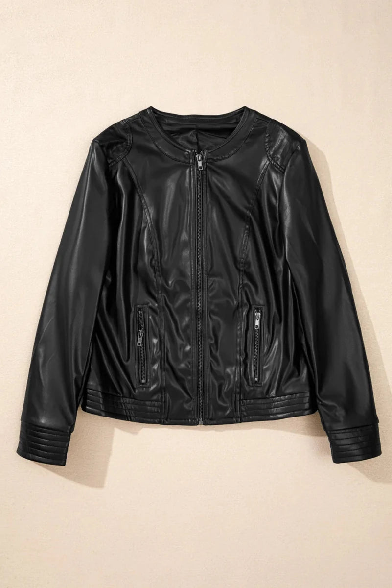 PU Leather Round Neck Long Sleeve Jacket - Wow Store