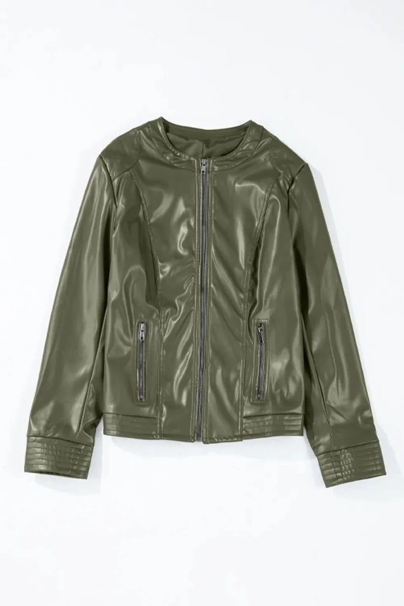 PU Leather Round Neck Long Sleeve Jacket - Wow Store