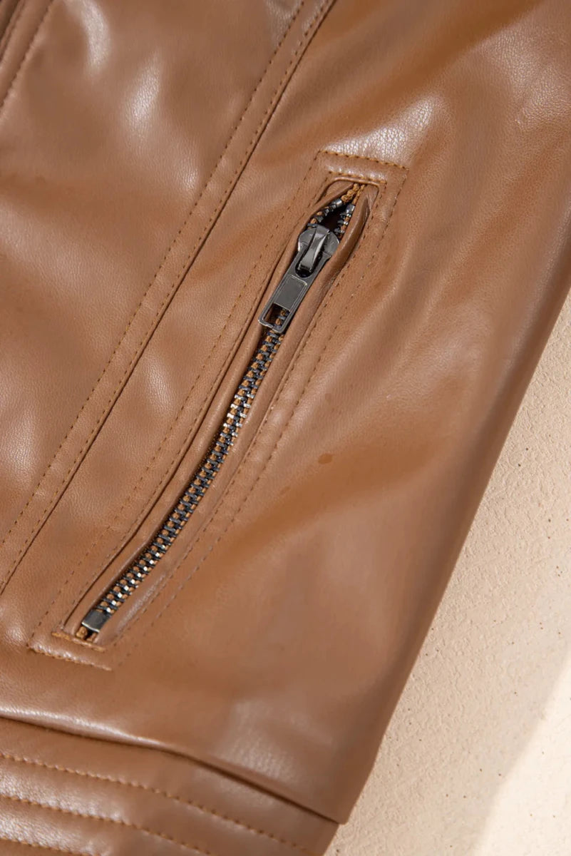 PU Leather Round Neck Long Sleeve Jacket - Wow Store