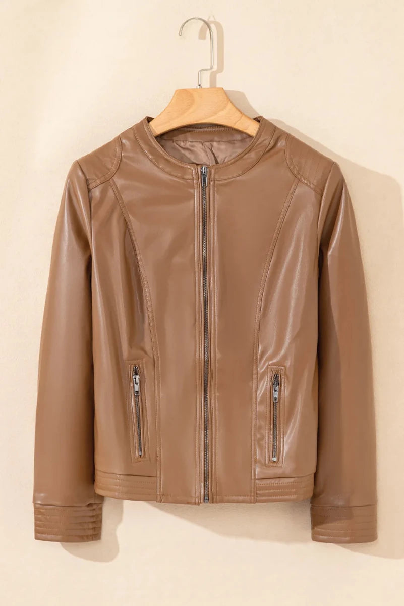 PU Leather Round Neck Long Sleeve Jacket - Wow Store
