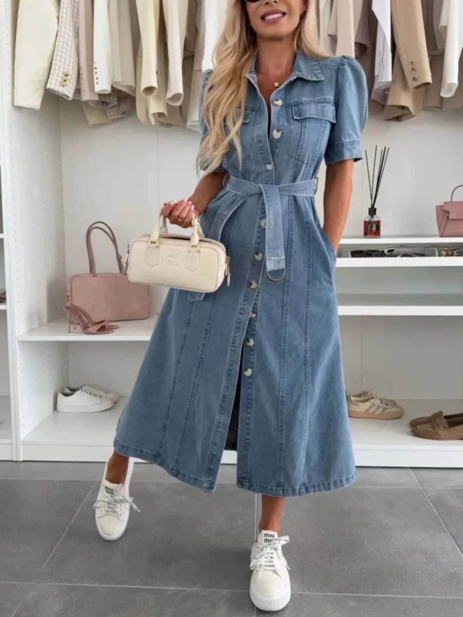 Puff Sleeve Button Down Belted Denim Midi Dress - Wow Store