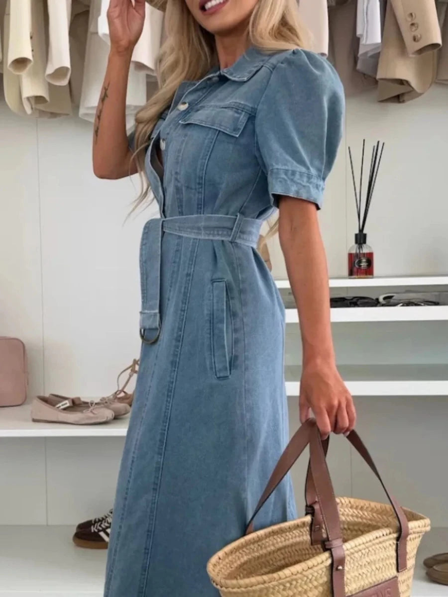 Puff Sleeve Button Down Belted Denim Midi Dress - Wow Store