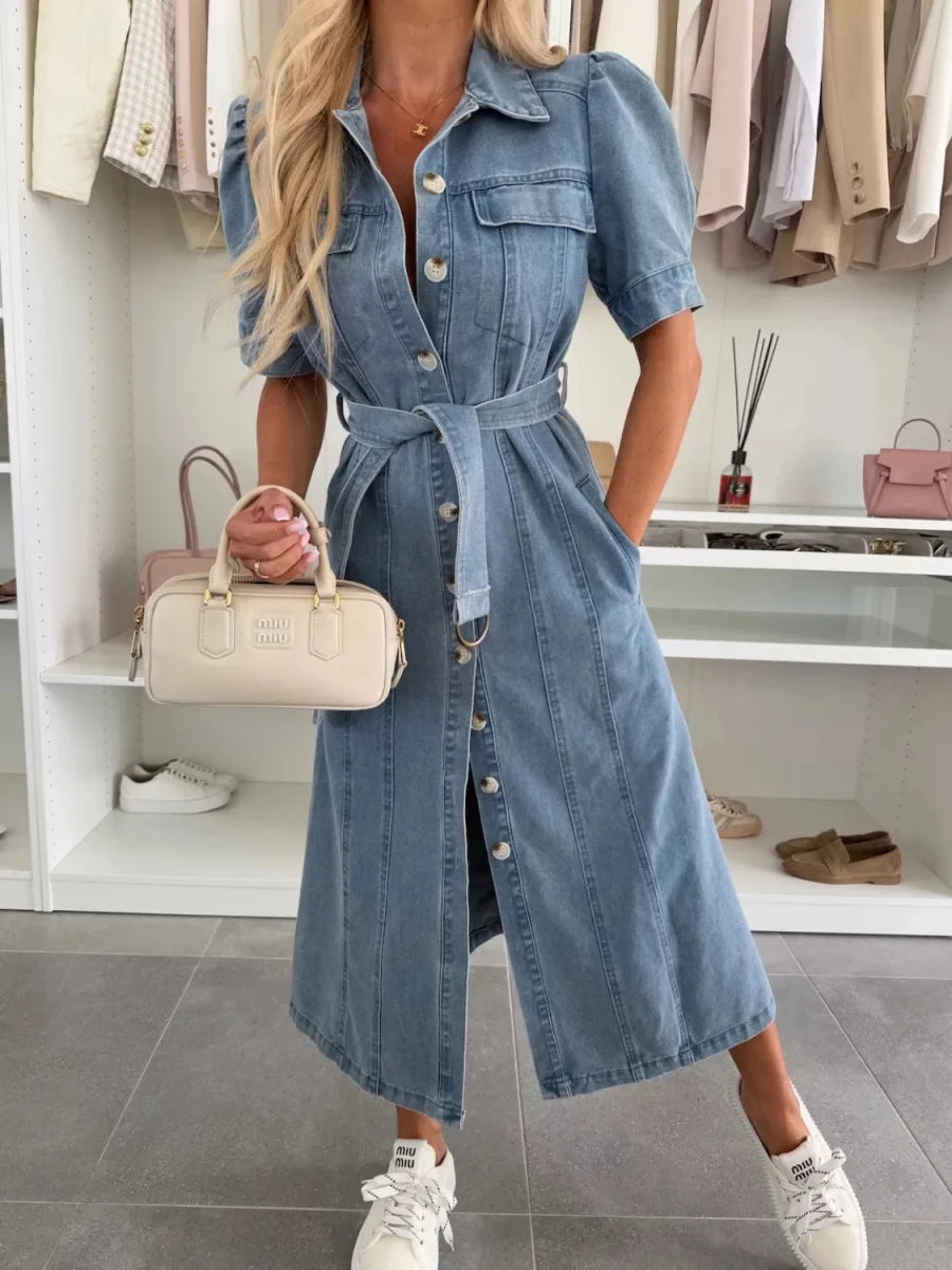 Puff sleeve denim midi dress with belted waist and button front in light wash – vintage-inspired fashion