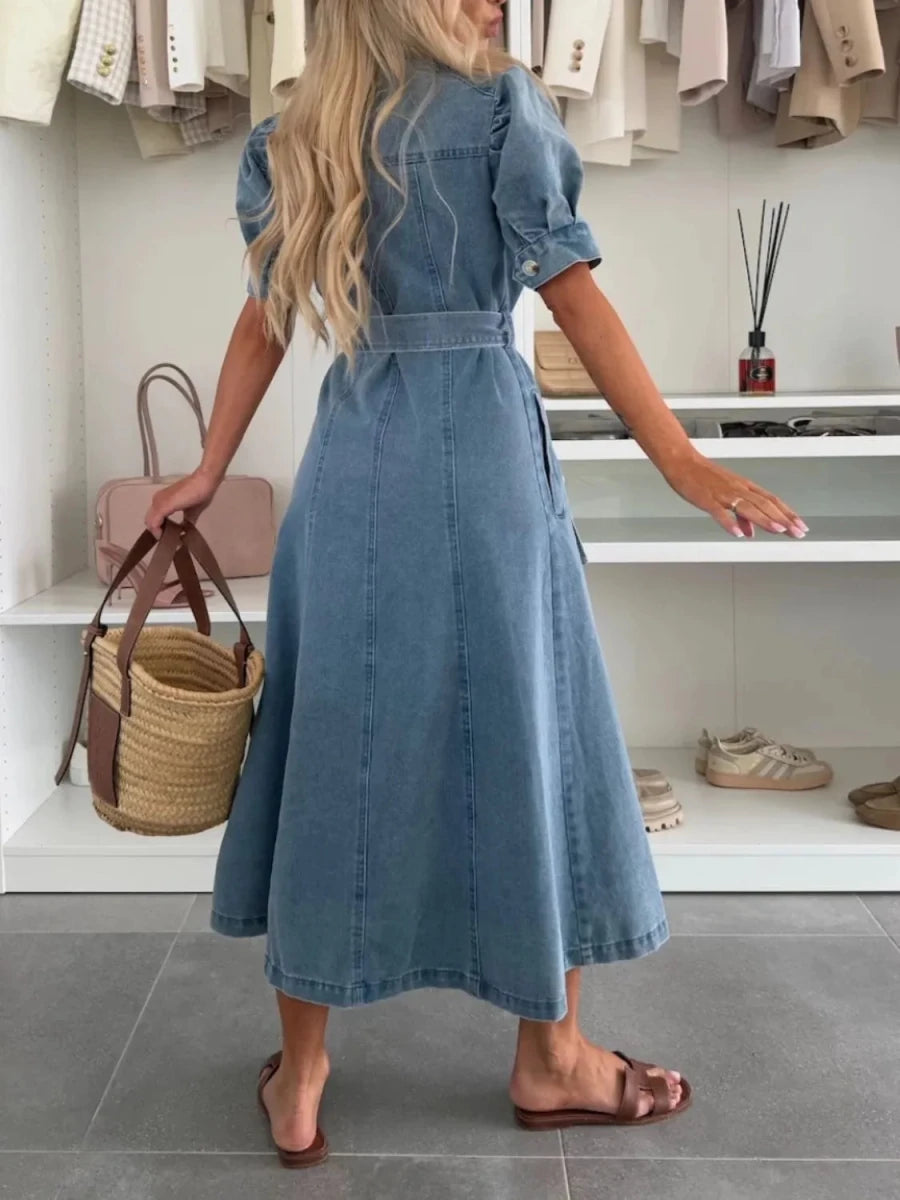 Puff Sleeve Button Down Belted Denim Midi Dress - Wow Store