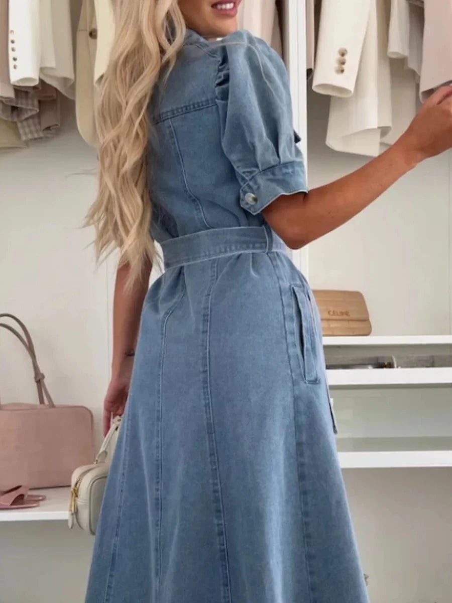 Puff Sleeve Button Down Belted Denim Midi Dress - Wow Store