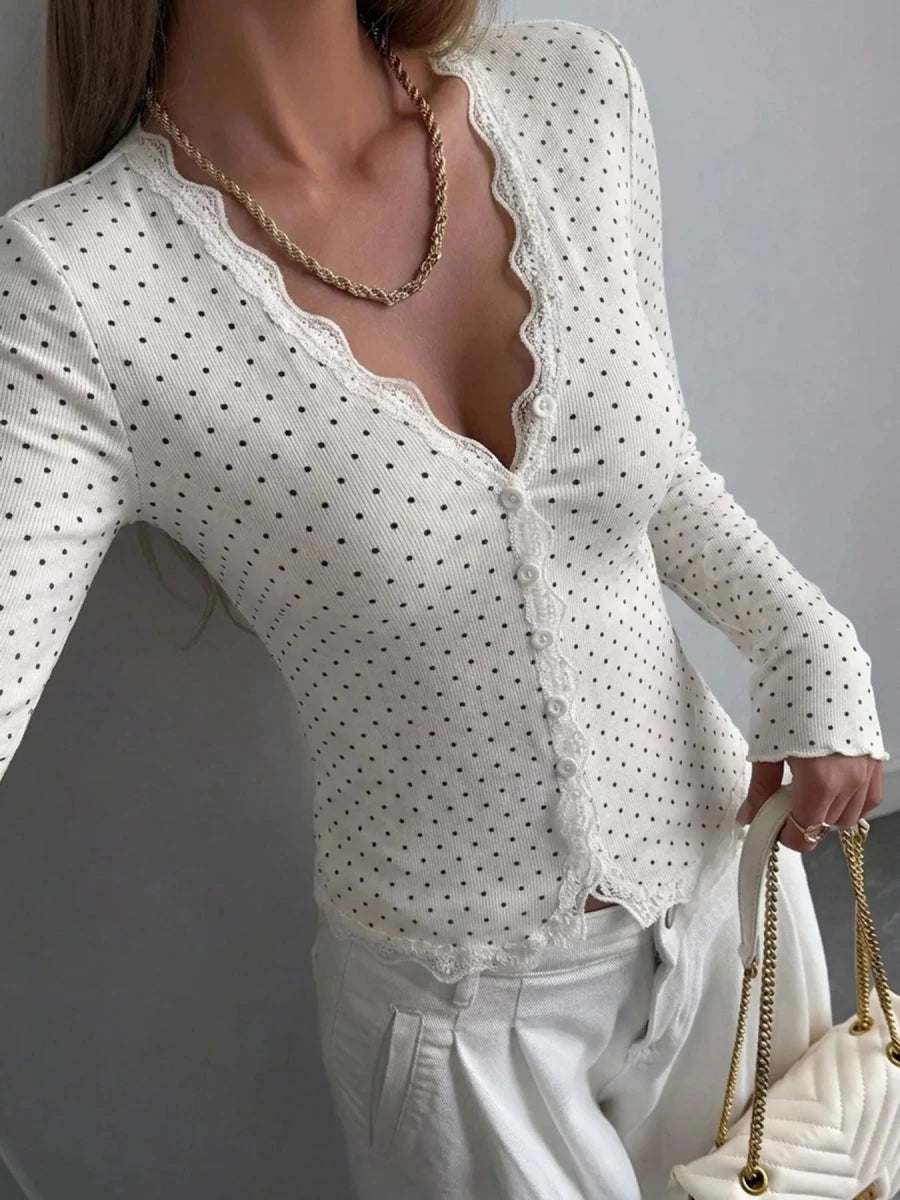 Pulsar Lace Trim V-Neck Ribbed Long Sleeve Blouse - WowStore.live