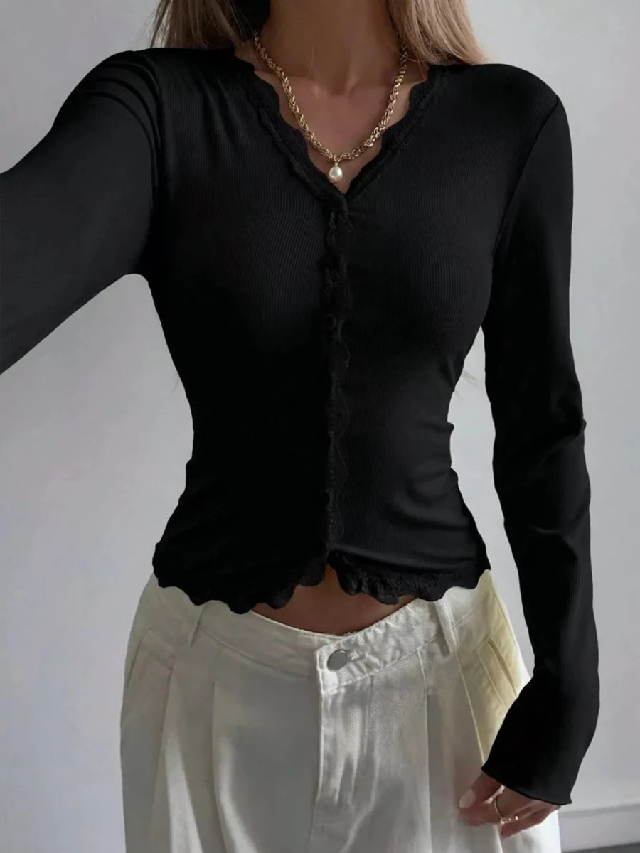 Pulsar Lace Trim V-Neck Ribbed Long Sleeve Blouse - WowStore.live