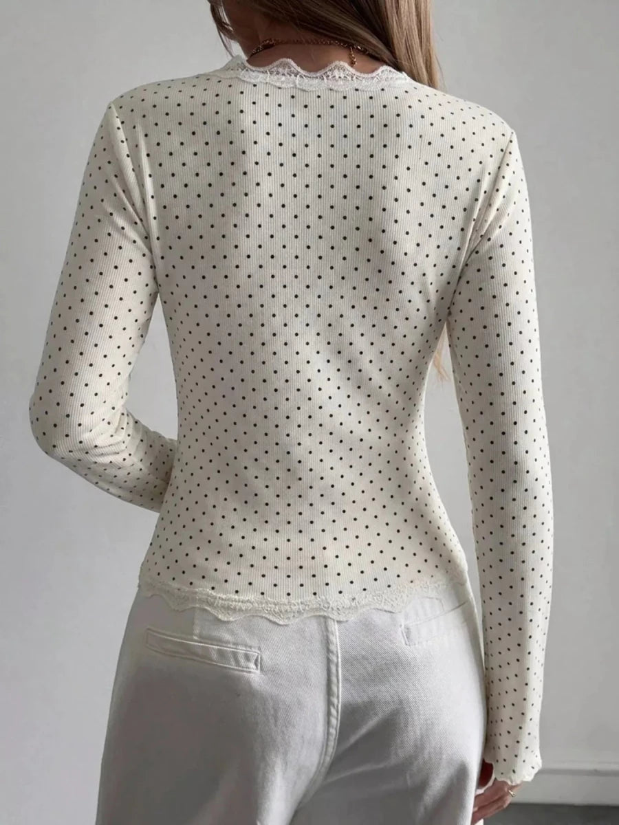 Pulsar Lace Trim V-Neck Ribbed Long Sleeve Blouse - WowStore.live