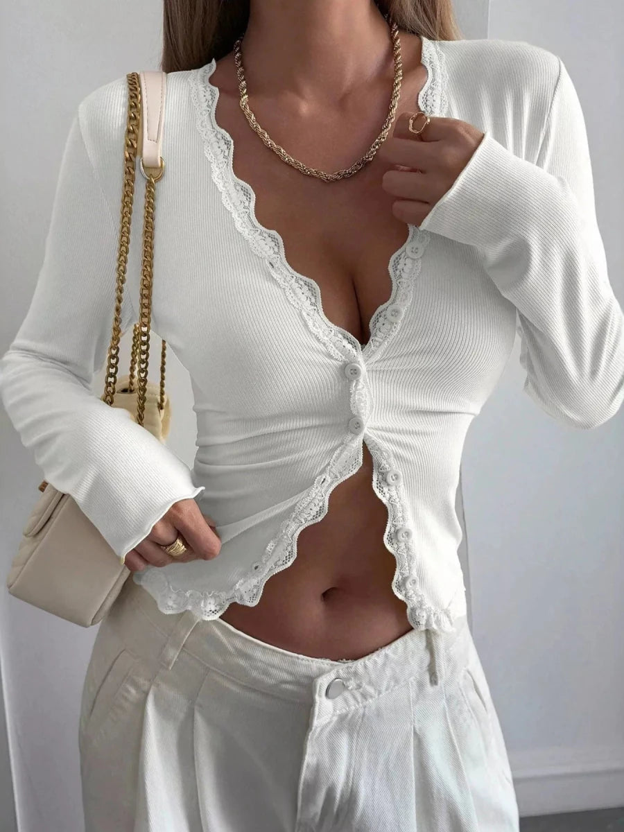 Pulsar Lace Trim V-Neck Ribbed Long Sleeve Blouse - WowStore.live