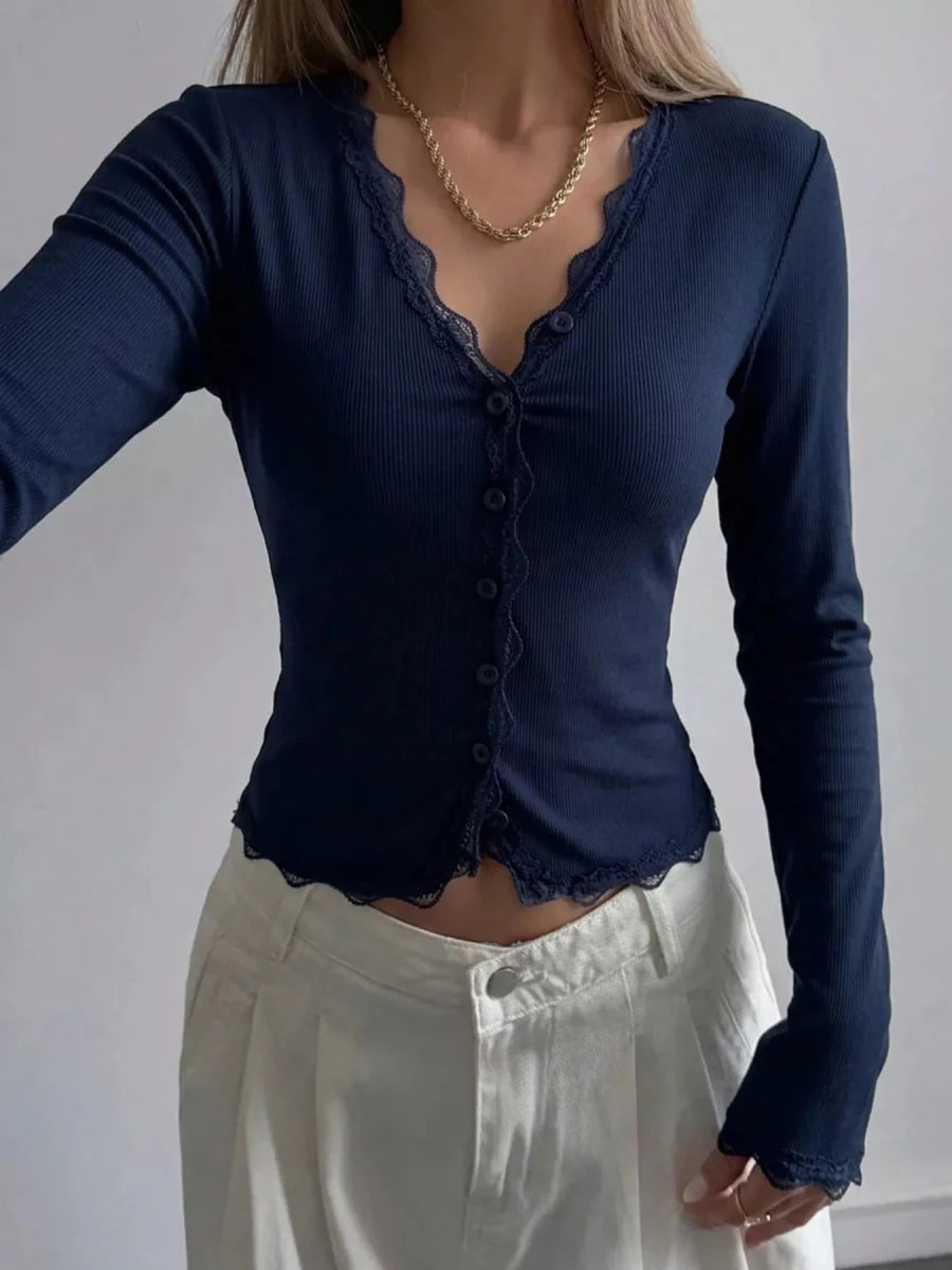 Pulsar Lace Trim V-Neck Ribbed Long Sleeve Blouse - WowStore.live