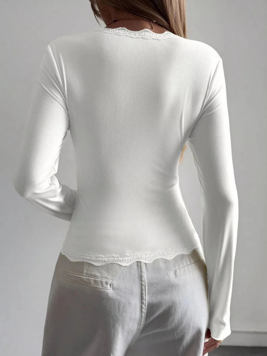 Pulsar Lace Trim V-Neck Ribbed Long Sleeve Blouse - WowStore.live