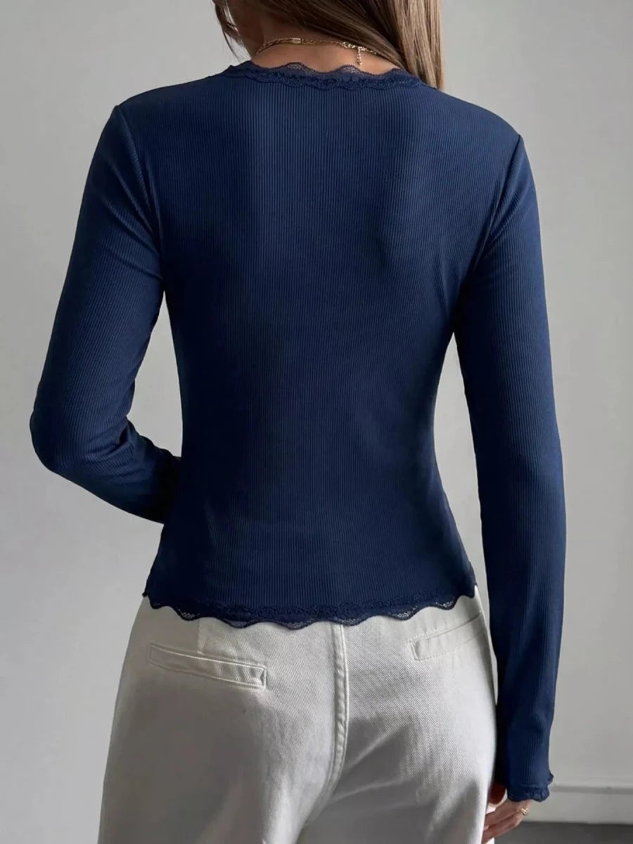 Pulsar Lace Trim V-Neck Ribbed Long Sleeve Blouse - WowStore.live