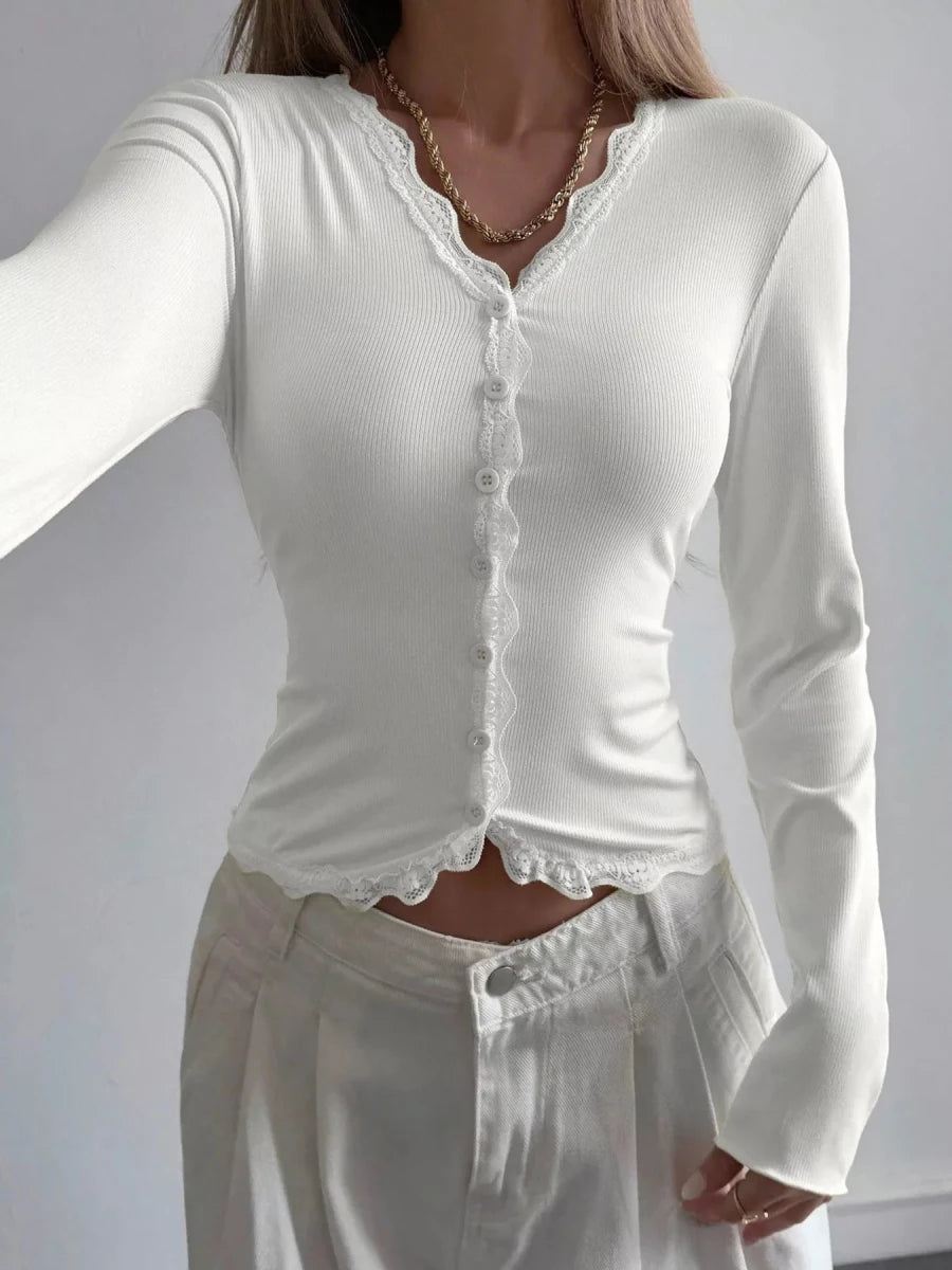 Pulsar Lace Trim V-Neck Ribbed Long Sleeve Blouse - WowStore.live