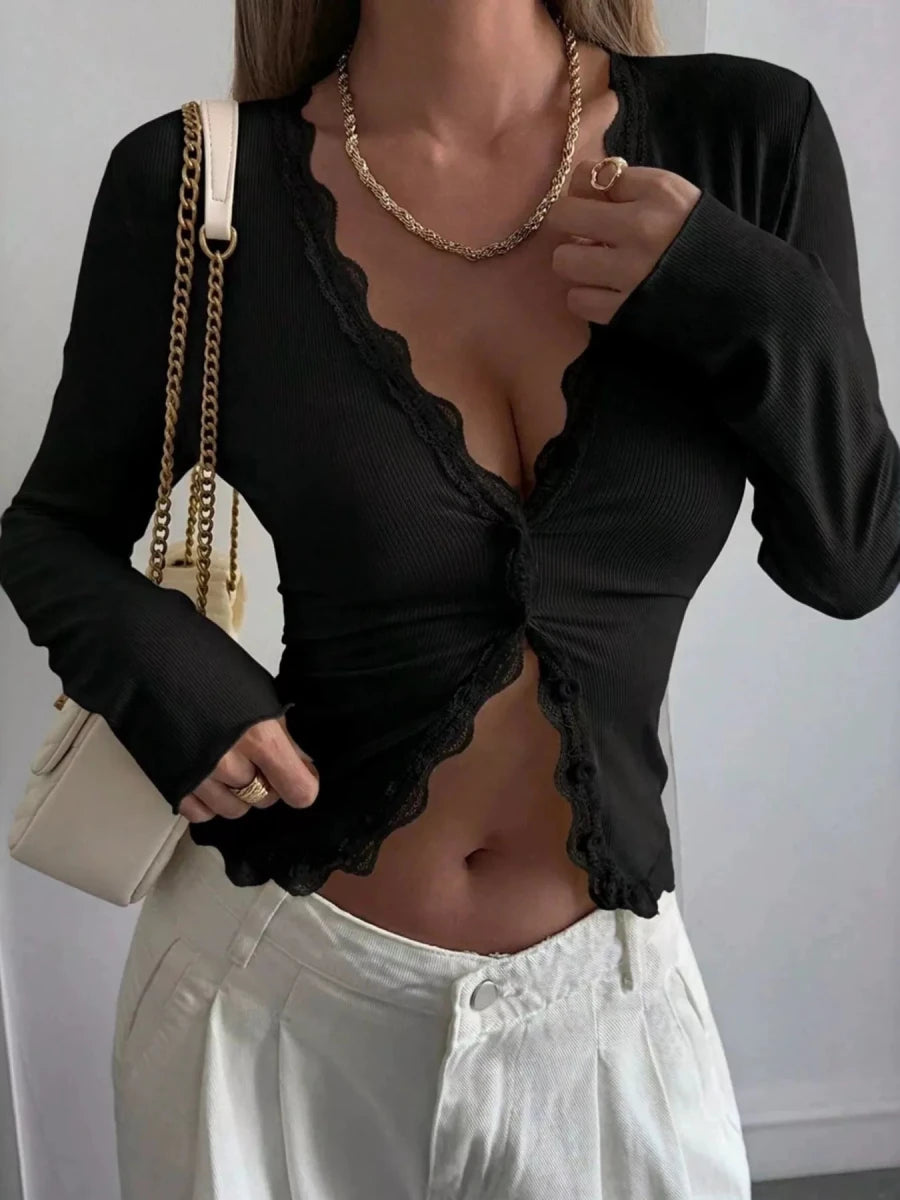 Pulsar Lace Trim V-Neck Ribbed Long Sleeve Blouse - WowStore.live