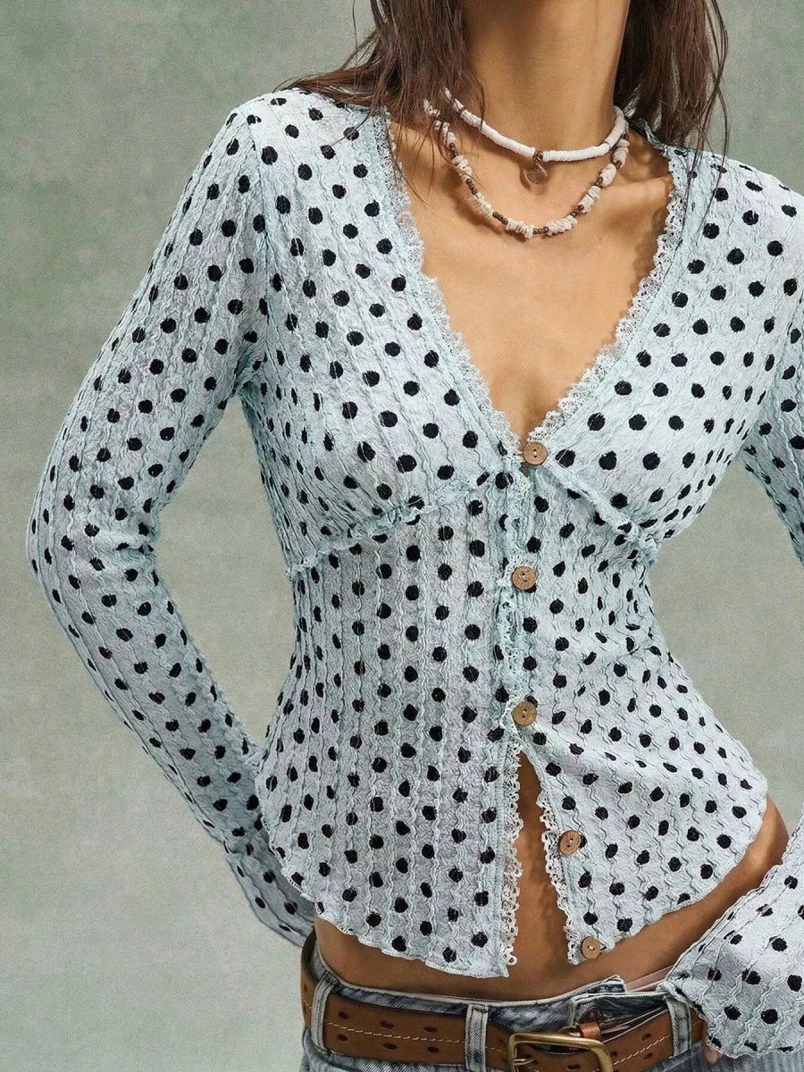 Pulsar Polka Dot Textured Long Sleeve Blouse - WowStore.live