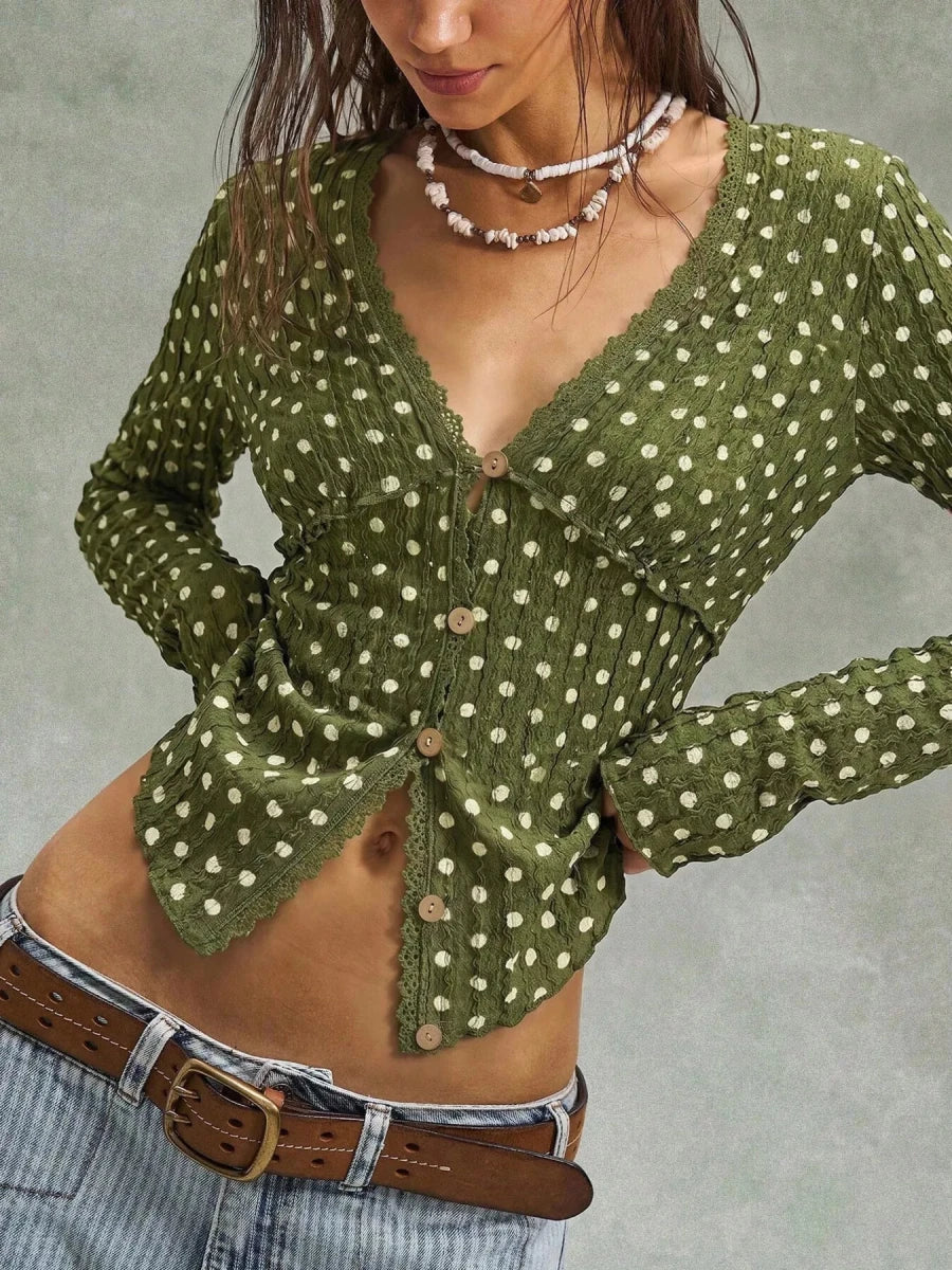 Pulsar Polka Dot Textured Long Sleeve Blouse - WowStore.live