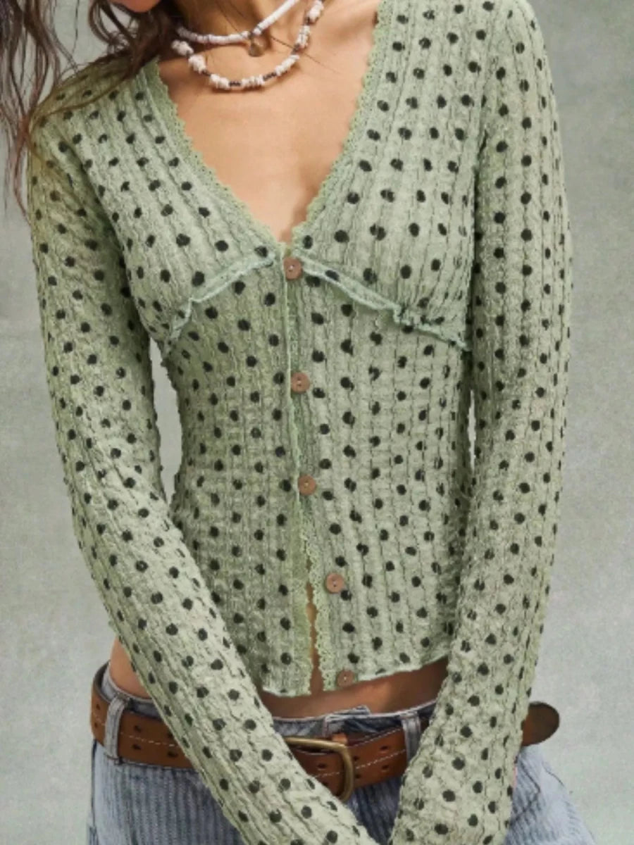 Pulsar Polka Dot Textured Long Sleeve Blouse - WowStore.live