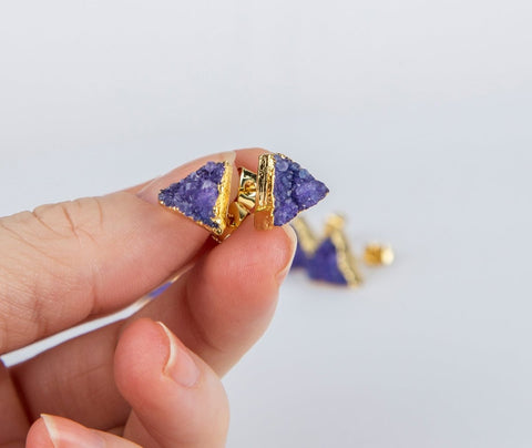Purple triangle druzy earrings, gold plated earrings - Wow Store