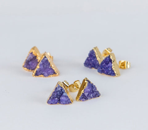 Purple triangle druzy earrings, gold plated earrings - Wow Store