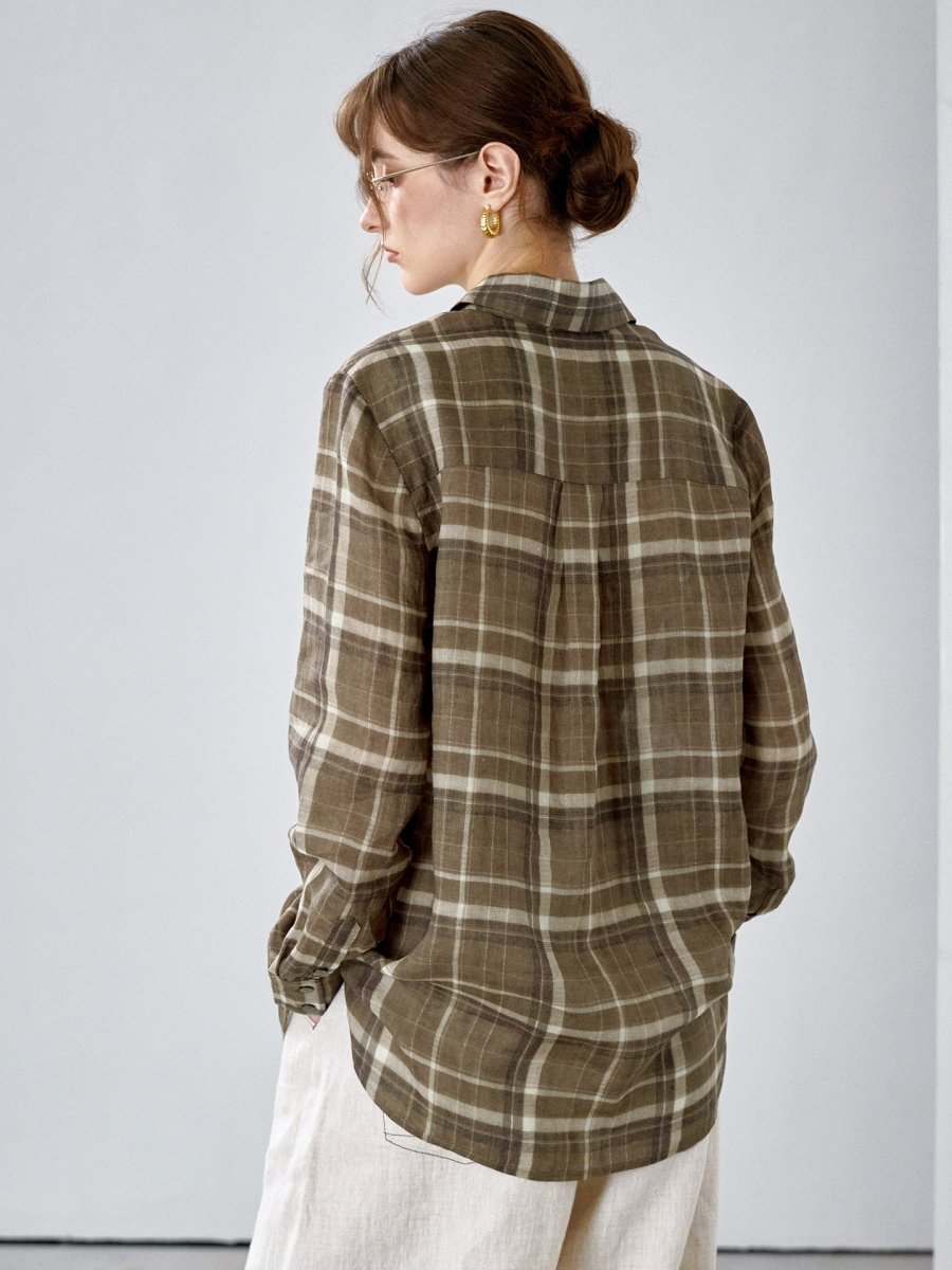Back view of the check shirt showing the yoke with a pleat and the curved hem