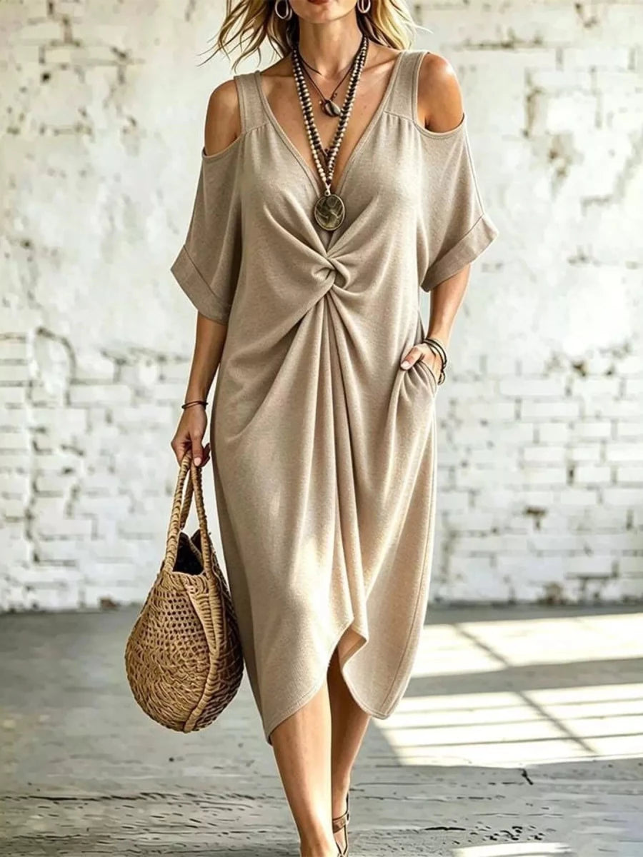 Rhythmia Cold Shoulder Twist Front Midi Dress - WowStore.live