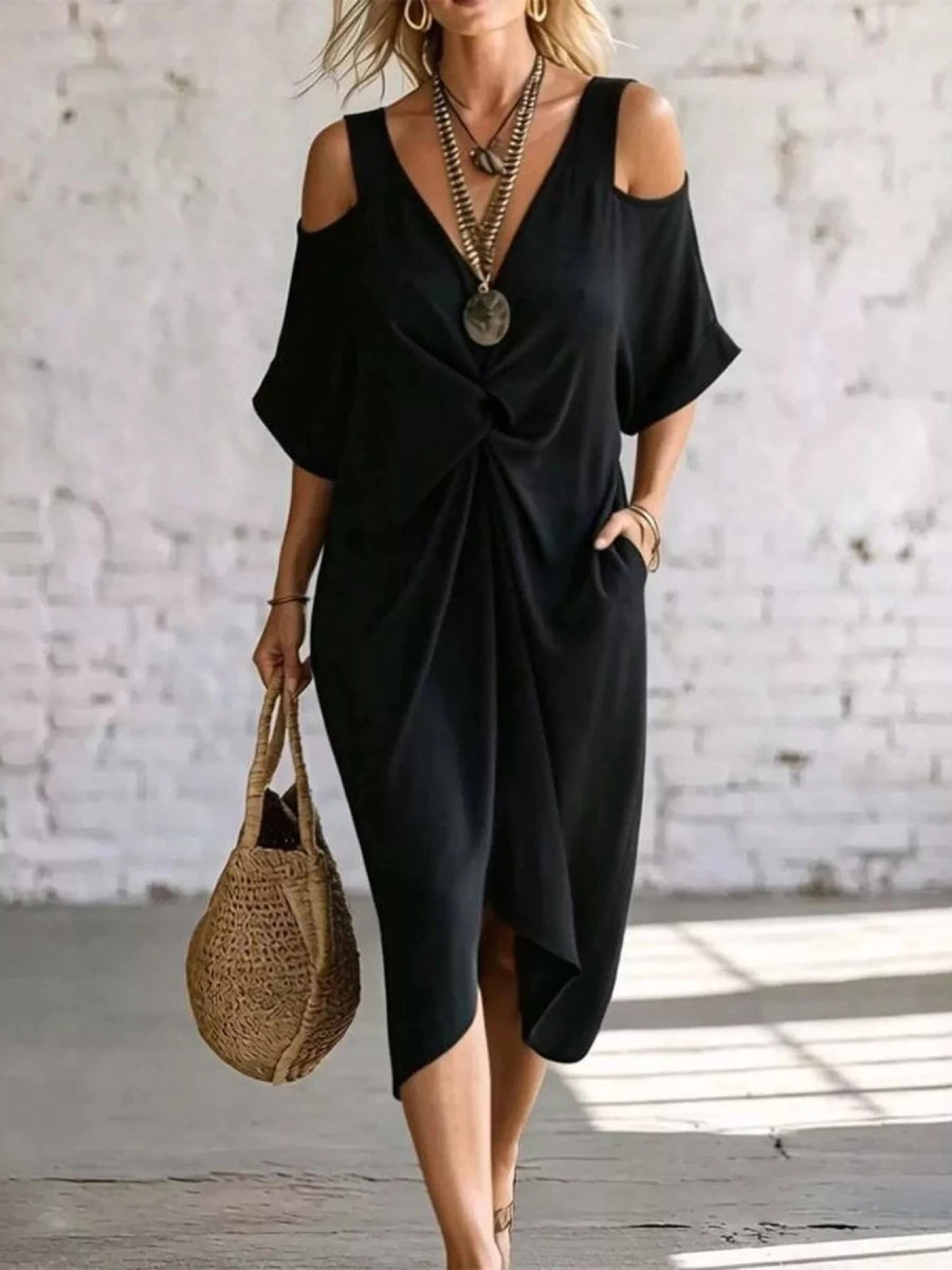 Rhythmia Cold Shoulder Twist Front Midi Dress - WowStore.live