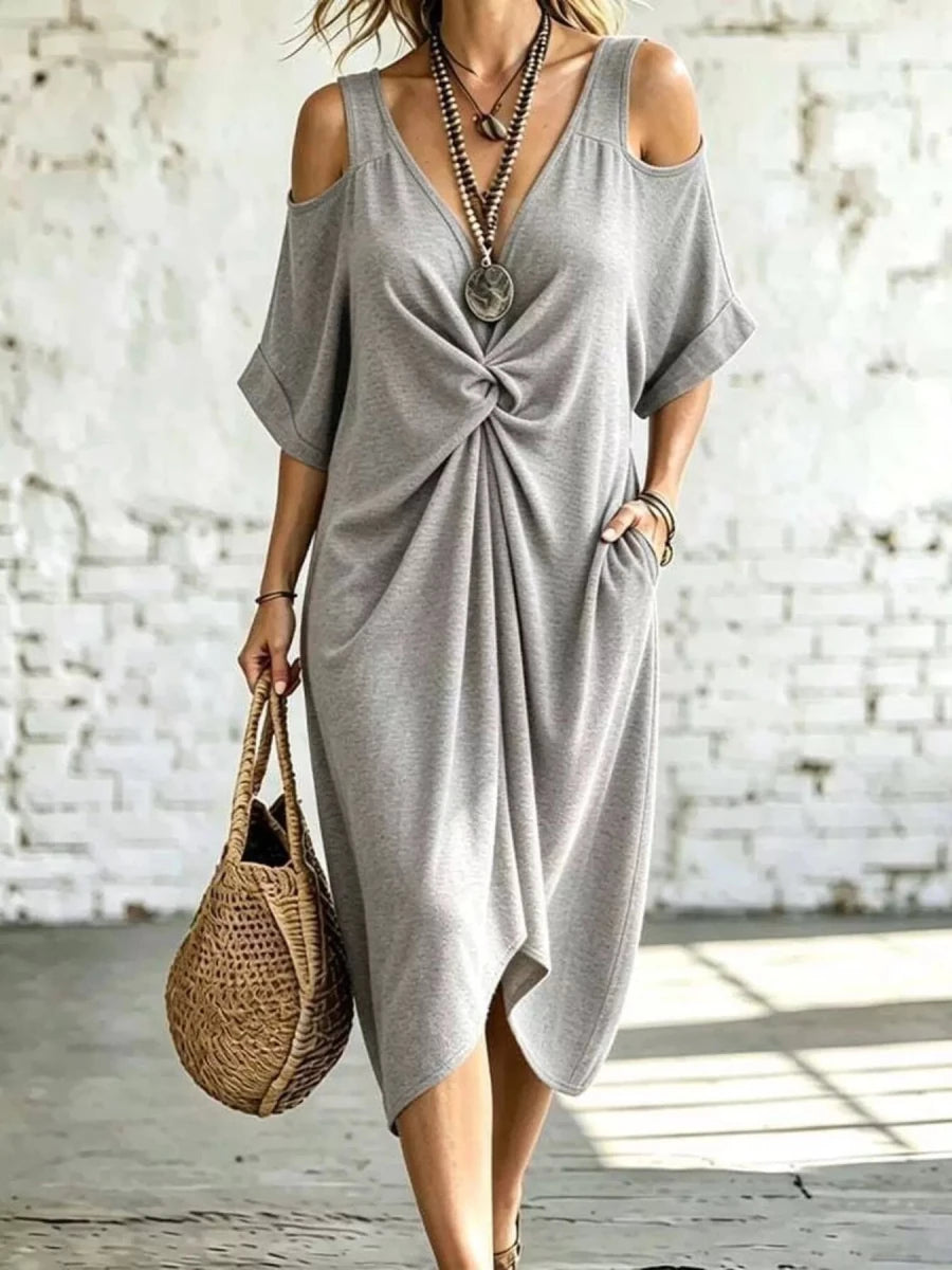 Rhythmia Cold Shoulder Twist Front Midi Dress - WowStore.live