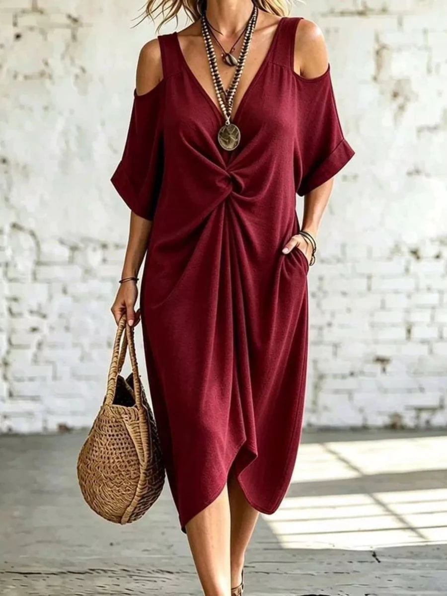Rhythmia Cold Shoulder Twist Front Midi Dress - WowStore.live
