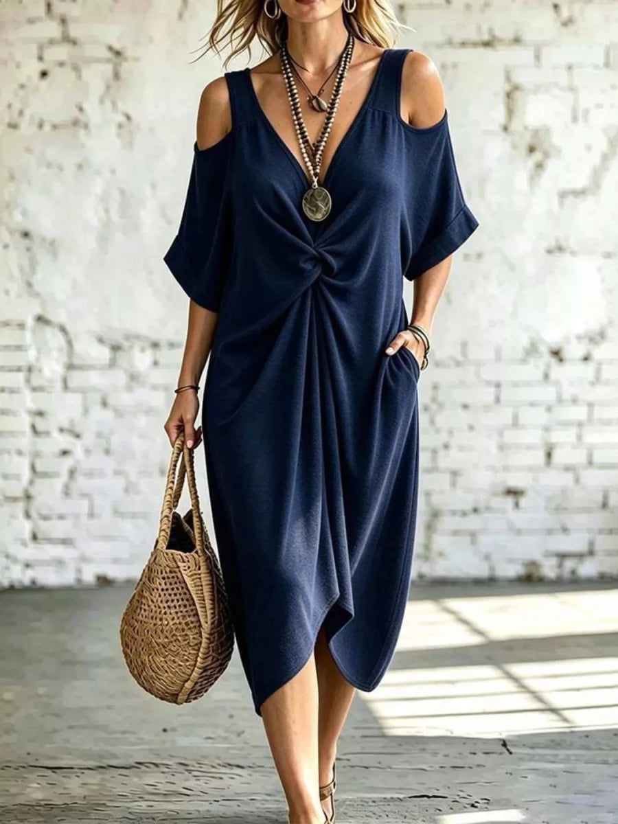 Rhythmia Cold Shoulder Twist Front Midi Dress - WowStore.live