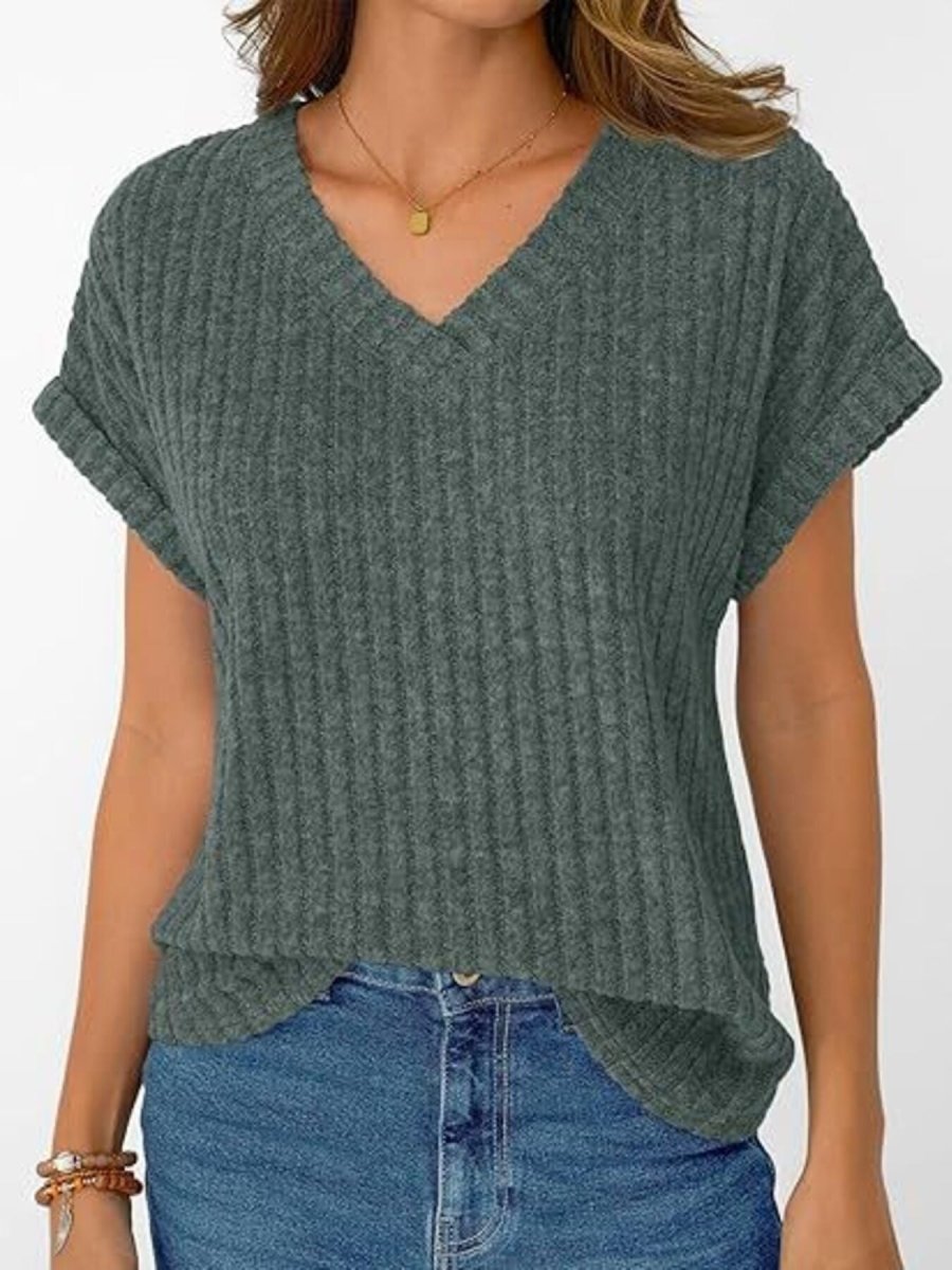 Ribbed Knit V - Neck Relaxed Fit T-Shirt - Wow Store