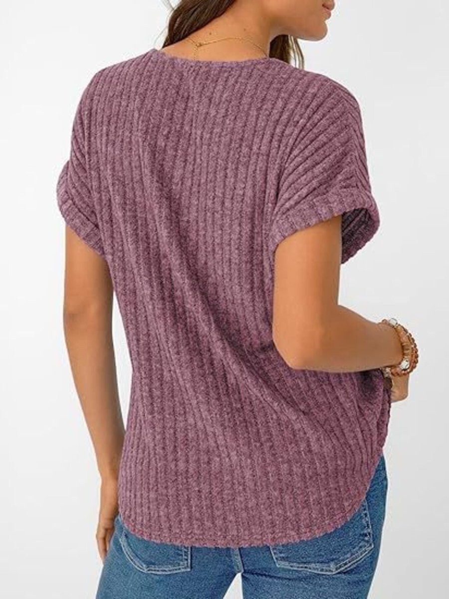 Ribbed Knit V - Neck Relaxed Fit T-Shirt - Wow Store