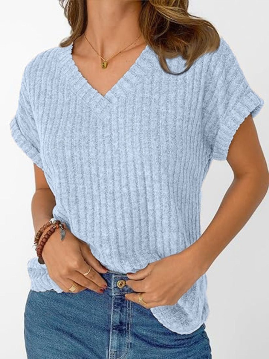 Ribbed Knit V - Neck Relaxed Fit T-Shirt - Wow Store