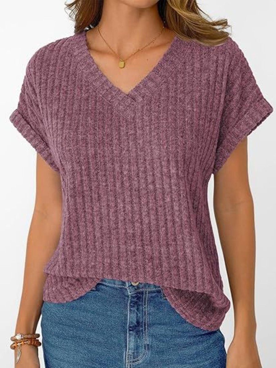 Ribbed Knit V - Neck Relaxed Fit T-Shirt - Wow Store