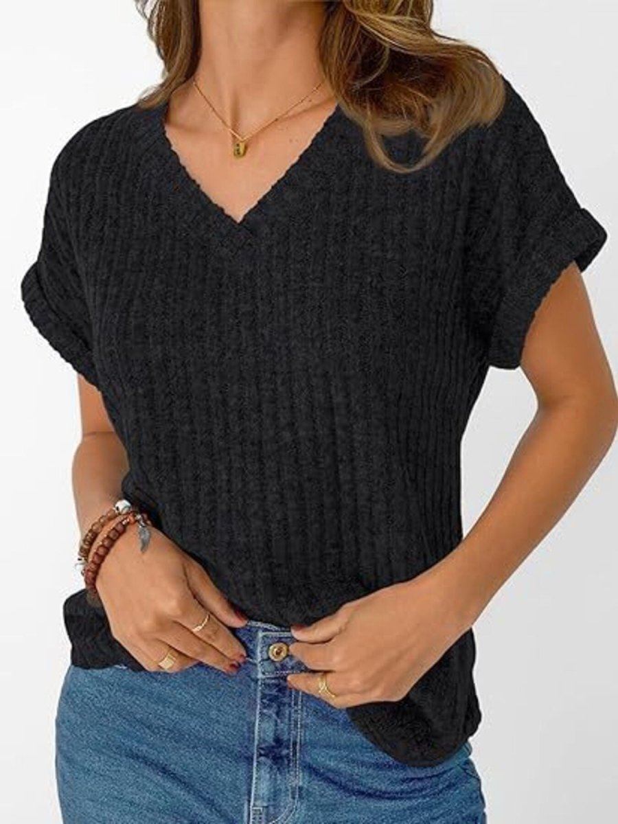 Ribbed Knit V - Neck Relaxed Fit T-Shirt - Wow Store