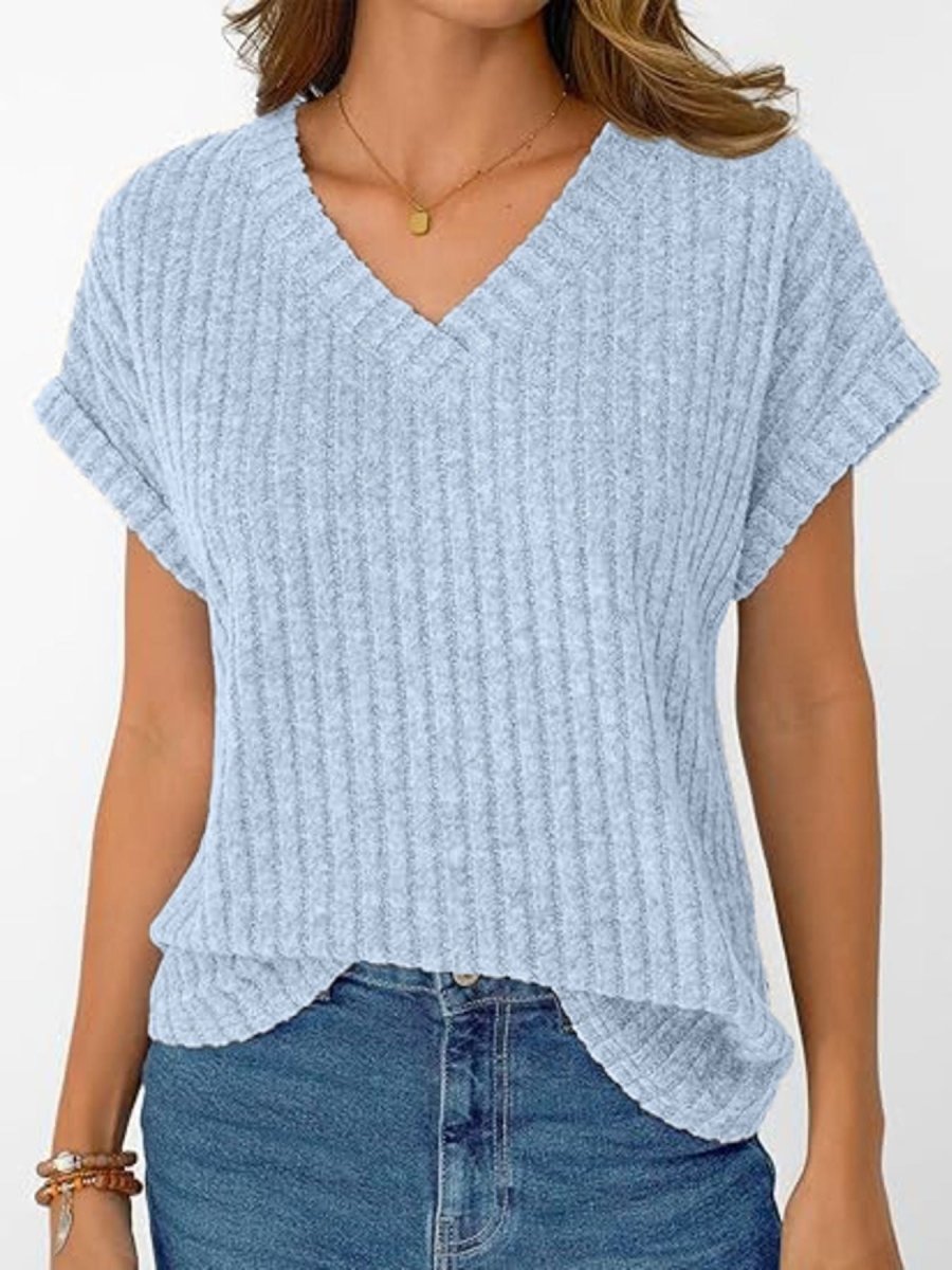 Ribbed Knit V - Neck Relaxed Fit T-Shirt - Wow Store